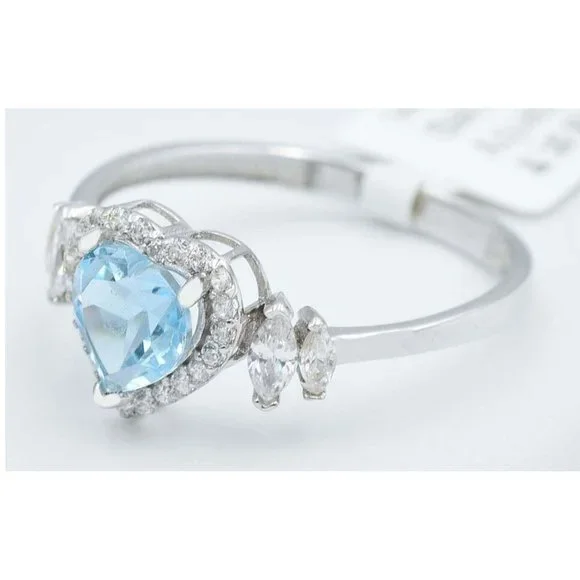 Genuine 1.10 Cts Aquamarine & W/sapphire Ring 14k White Gold